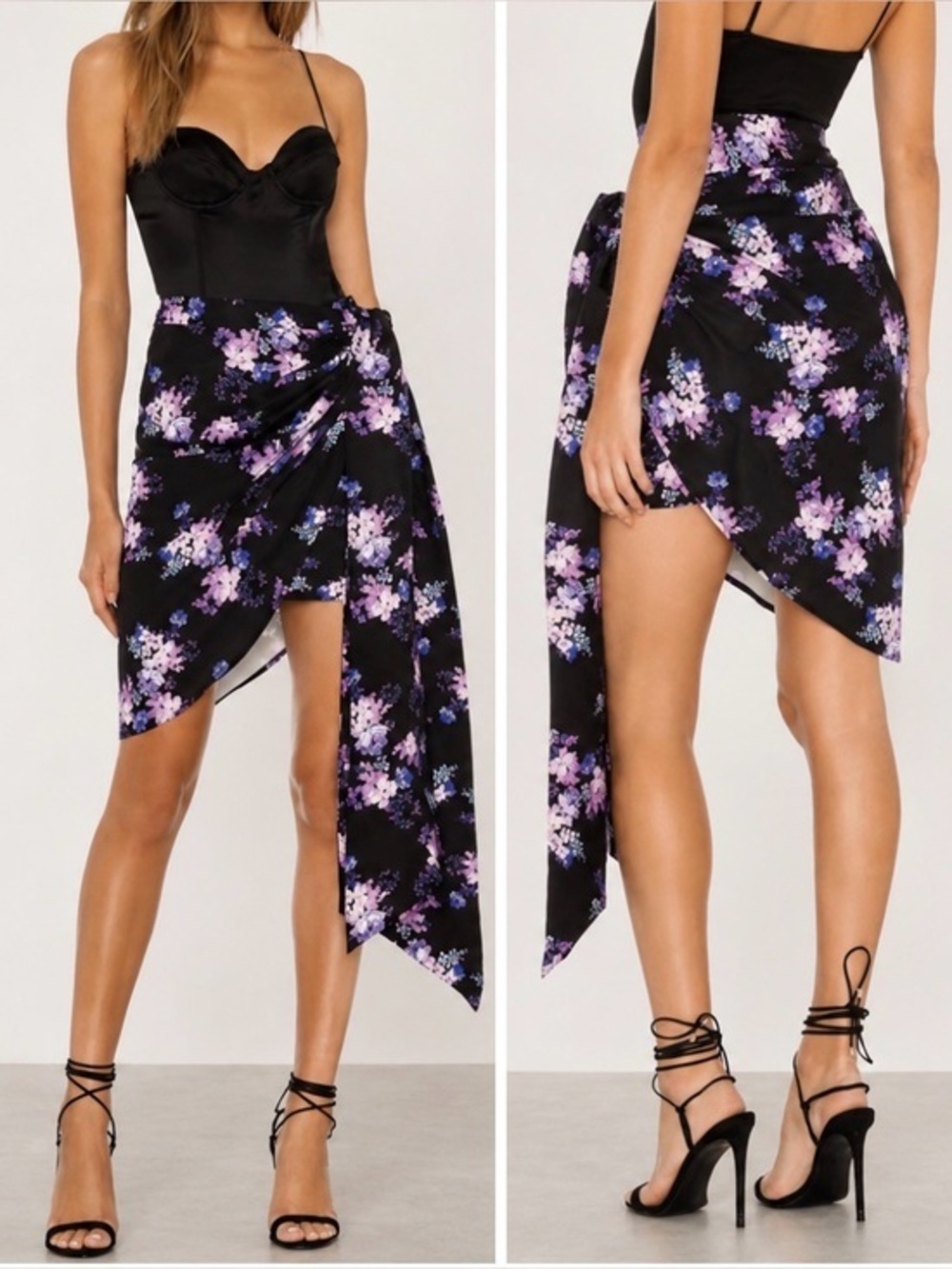 Lovers + Friends Kana Floral Black Purple Asymmetrical Resortwear Wrap Skirt